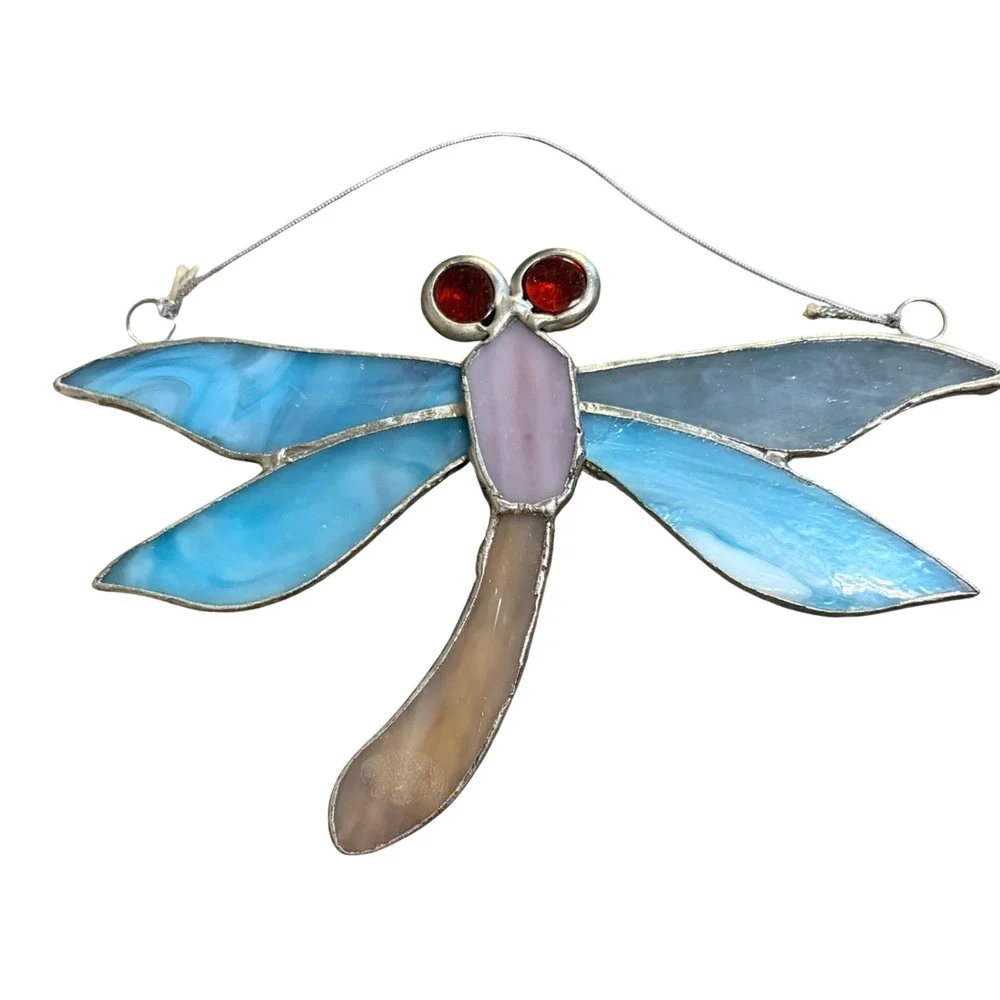 Vintage Stained Glass Dragonfly Suncatcher Blue Winged Glass Art Window Hanging